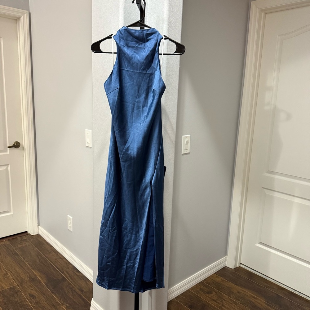 Lulus Exceptional Status Halter Backless Satin Midi Dress Blue Size Small - Picture 2 of 8